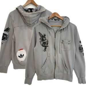 Stylo Skull & Cross Graphic Zip Hoodie Mens Size Small Grey Goth Embellished Y2K